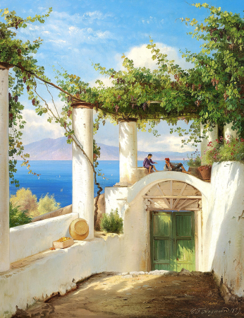 The bay of Naples with two Italians conversing in a loggia., Carl Frederik Aagaard, 1879
