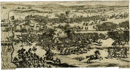 Pugna ad Engelam anno 1587 (Cavalry skirmish in foreground and another nearer River Meuse in background; infantry battalions advancing from right), Michelangelo Cerquozzi, between 1632 and 1650