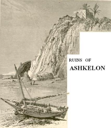 Ruins of Ashkelon (1881-1884). The beach is strewn with masses of ancient masonry. On the cliff above there is a Mohammadan shrine, called El Khudrah, with a few palm trees near it (A), Harry Fenn, from 1881 until 1884