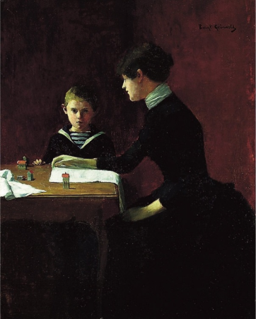 Kvinne og gutt i interiør, Bernt Grønvold, by 1923