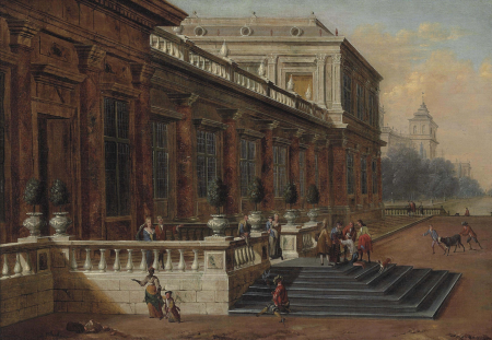 A capriccio of a palace terrace, with The Return of the Prodigal Son, Jacob Balthasar Peeters, between 1673 and 1726