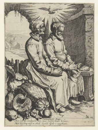 Biddend oud echtpaar Vreedsamich paer (titel op object), RP-P-OB-9919, after 1618