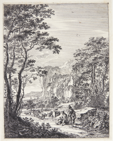 Landscape with an ox cart and two resting men. View at Ancona and Senigallia, Jan Both
