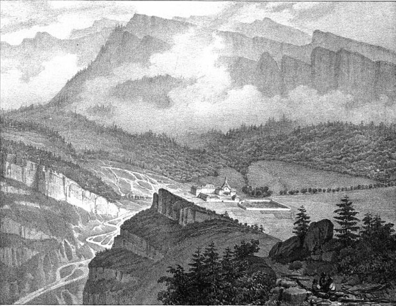 232 album dauphiné, Chartreuse de Chaley, vue de Voreppe, by AD cropped, Alexandre Debelle, before 1839