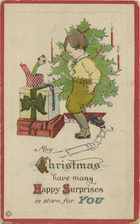 May Christmas have many Happy Surprises in store for you, a little boy surprised by a jack in the... (NBY 19023)