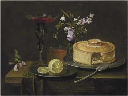 A pie and a cut lemon on pewter platters, a façon-de-Venise wine glass and flowers in a glass vase, on a partly-draped table, Frans Ykens, between 1615 and 1692