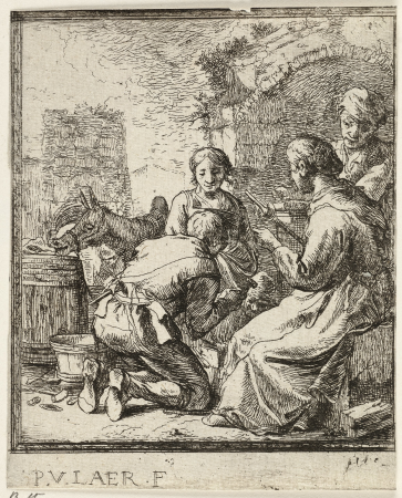 Four figures near a dilapidated building, Pieter van Laer, between 1610 and 1642