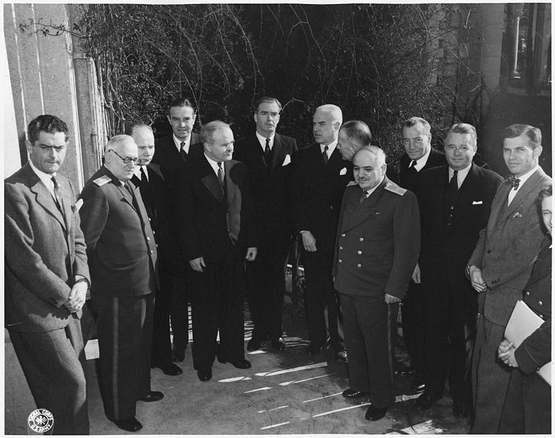 2nd from left: Vishinsky, 4th from left: Harriman, 5th from left: Molotov, 6th from left: Eden, 7th from left: Stettinius, 8th from left: Cadogan, and on right: Alger Hiss, circa January 1945