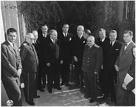 2nd from left: Vishinsky, 4th from left: Harriman, 5th from left: Molotov, 6th from left: Eden, 7th from left: Stettinius, 8th from left: Cadogan, and on right: Alger Hiss, circa January 1945