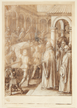 History of S. Giovanni Alberti Fiorentino. In the square, the saint accuses the bishops of Florence of simony(?), Stradanus