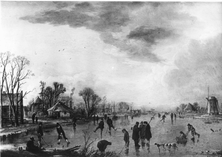 DECAYED Winter landscape with skaters,, Aert van der Neer, between 1623 and 1677