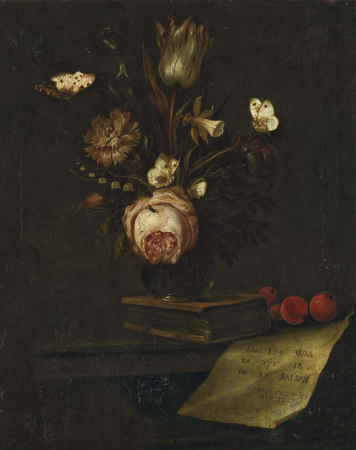 Tulip, carnation, daffodil and anemone in a vase placed on a book on a table surrounded by butterflies, Otto Marseus van Schrieck