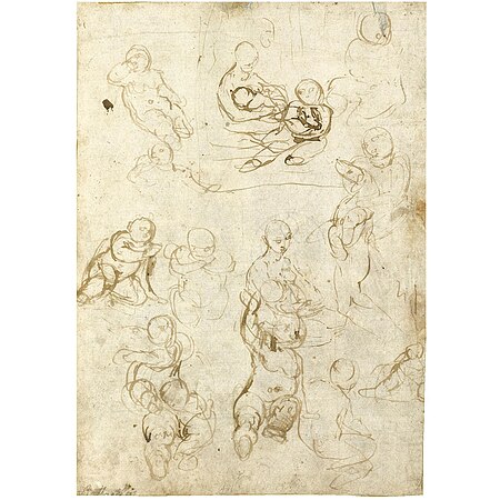 Barocci - Attributed to - A sheet of studies of the Madonna and Child and St. John the Baptist holding a lamb, and a sketch of a child holding a dog, lot.80, Federico Barocci