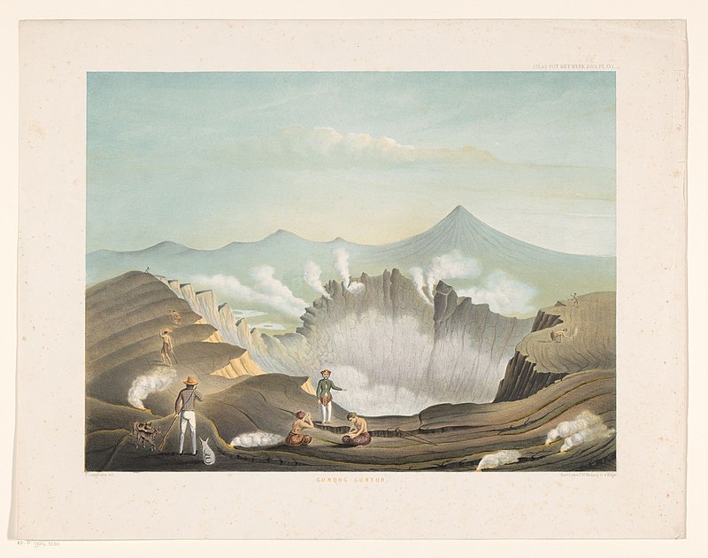 Vulkaan Guntur te West-Java Gunong Guntur (titel op object) Atlas tot het werk Java (serietitel op object) Atlas van platen bevattende elf pittoreske gezigten, behoorende tot het werk Java, zijne gedaante, zijne plant, RP-P-1904-3880, Carl Wilhelm Mieling, 1854