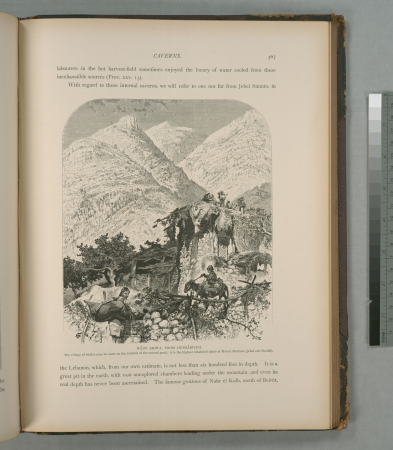 Wâdy Shib'a, from Hebbâriyeh. The village of Shib'a may be seen on the summit of the second peak; it is the highest inhabited place in Mount Hermon (Jebel esh Sheikh), 1881