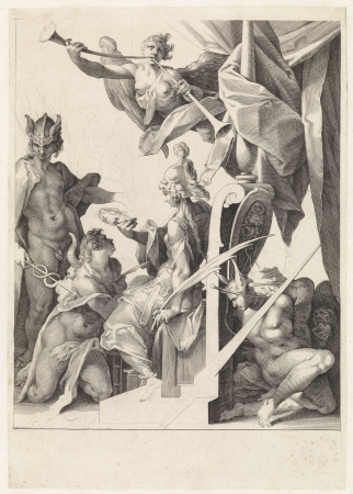 Mercurius leidt jonge kunstenaars naar Minerva, RP-P-OB-32.191, Jan Harmensz. Muller, 1592
