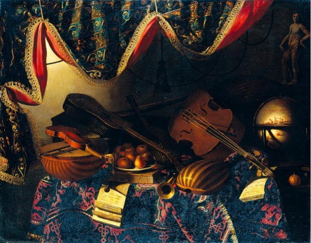 Still life with musical instruments, sheet music, world map, resting on a table covered with a carpet in an Interior, Bartolomeo Bettera