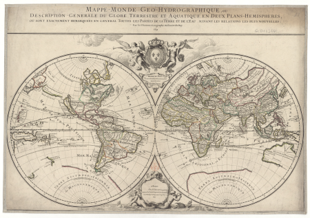 Geohydrographic world map, or general description of the globe... in two hemisphere planes... / by Mr Sanson, ..., 1690s