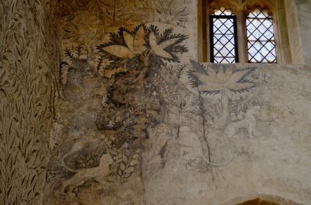 Haddon Hall, chapel of St Nicholas, frescoes of plants and animals on the NW corner