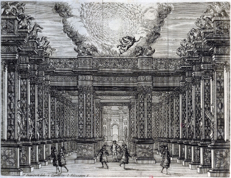 Engraving from 'Scene e machine preparate alle nozze di Teti Balletto reale' – INHA NUM 4 RES 1152 vue 27 Act II 2, Giacomo Torelli, 1654