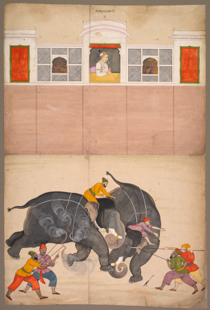 Two Elephants Fighting in a Courtyard Before Muhammad Shah, Nainsukh, 1725