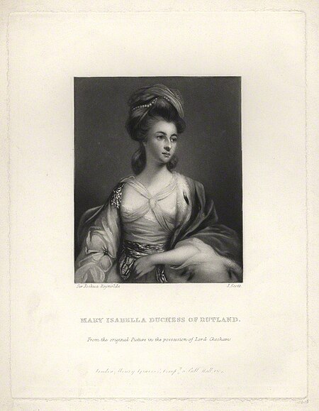 Mary Isabella Manners (née Somerset), Duchess of Rutland by James Scott, published by Henry Graves & Co, after Sir Joshua Reynolds mezzotint, published 1864, 1 January 1864