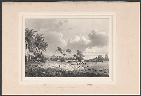 Gezicht op Anyar Anjer (titel op object) Java (serietitel op object) Gezigten uit Neêrlands Indië (serietitel op object), RP-P-2016-2260-1-2, Paul Lauters, between 1843 and 1845