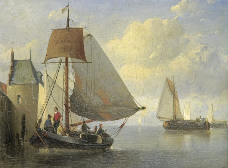 River view with a rampart tower inspired by the Camperveerse tower in Veere, Anthonie Waldorp, 1855