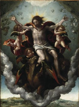 Ezekiel's vision of God sitting on his throne carried by four tetramorphs, each of them having four wings; wheels within wheels beside them (Ezekiel 1), Pieter Coecke van Aelst