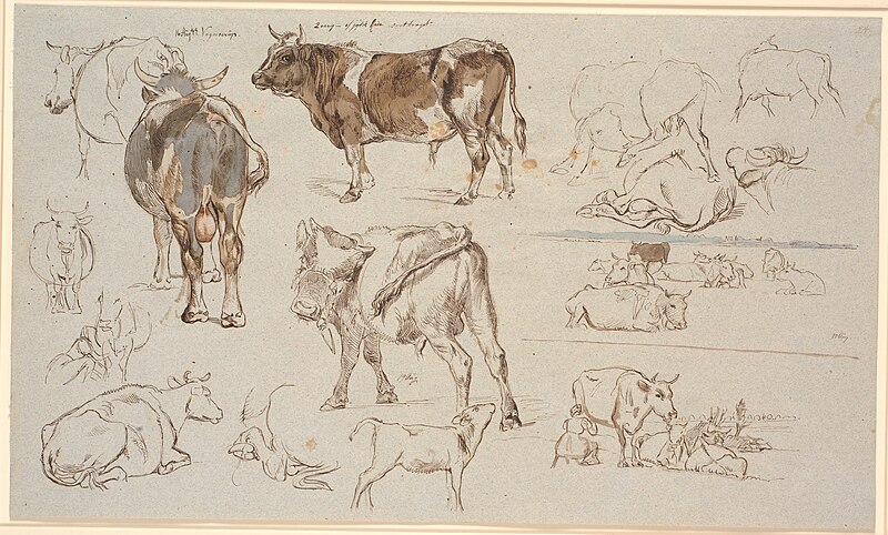 Study magazine from Vognserup. Studies of cows, bulls and calves. T.h. two landscape studies, the upper one with lying cows, the lower one with a milking scene, Johan Lundbye, 1844