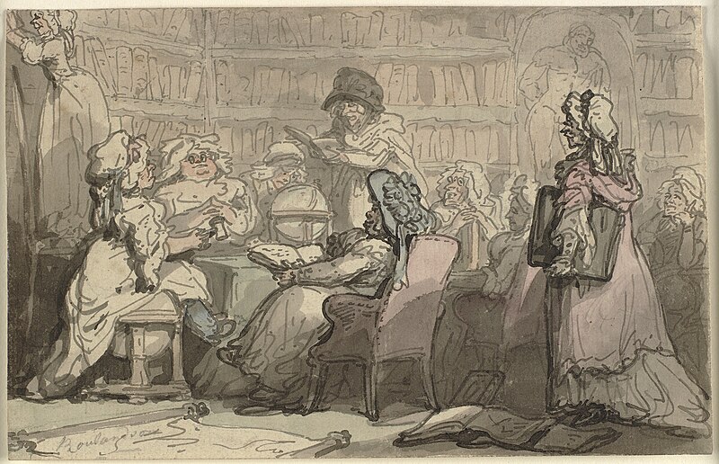A learned academy of bluestockings, gathered around a table in a library, Thomas Rowlandson