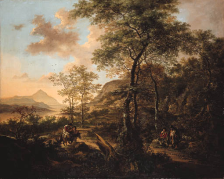 An Italianate evening landscape with a muleteer and goatherds on a wooded path, a river and mountains beyond, Jan Both
