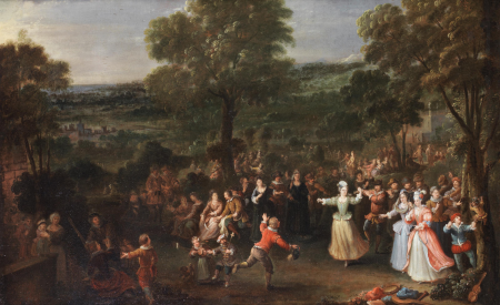 An elegant company at a ball in an Italianate garden, Jan Sebastiaen Loybos, between 1650 and 1667
