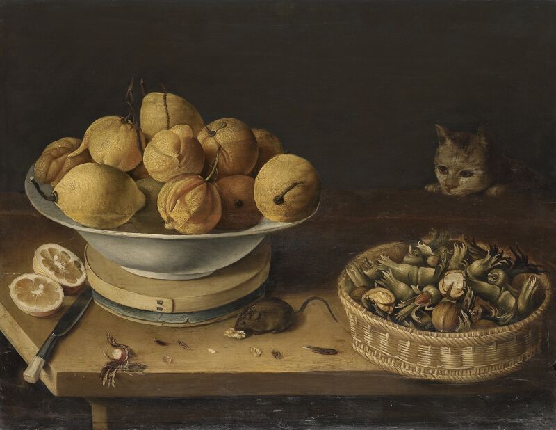 Lemons in a bowl standing on a cheesebox, with a basket of walnuts and hazelnuts, a sliced lemon, a knife and a mouse eating nuts on a wooden table, and a cat, Georg Flegel
