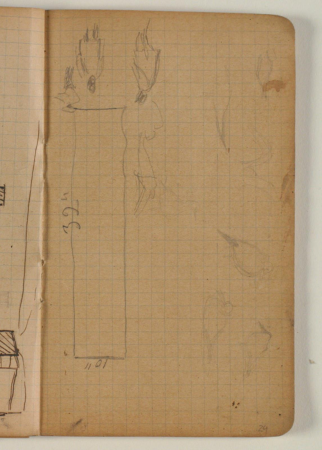 Sketch of figures, birds and rectangle with measurements, Niels Larsen Stevns, 1906