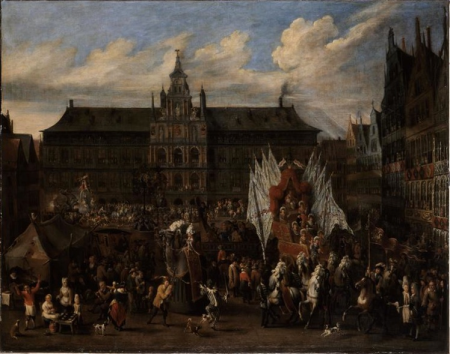 Festival in Antwerp on the square of the town hall in honor of the Spanish monarchy, Alexander van Bredael, between 1689 and 1720