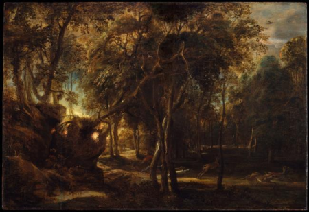 A Forest at Dawn with a Deer Hunt, Peter Paul Rubens, circa 1635