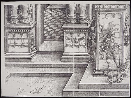 Ehrenpforte arc triomphal de l 'empéreur Maximilien I, Left Part (Portal of Praise) 01 lower part with the entrance to the Portal of Praise, a cat and a snail on the right PK-P-127.315L01