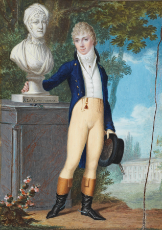 A portrait of a young gentlemen in a riding costume, in the park of a castle, standing next to the bust of his mother with the inscription "à la Reconnaissance" (in gratefulness)., Carl Hummel, 1803