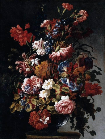 A still life of poppies, convolvulus, roses, fritillaries, nasturtiums and jasmine in a glass vase, resting on a stone ledge, Paolo Porpora, circa 1660