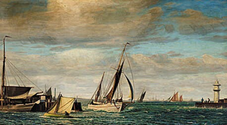 The fishing fleet retufning home in a strong westerly gale. View from the harbour of Grenå, Viggo Helsted, 1908