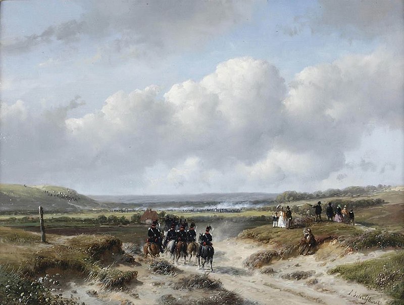 Manoeuvres of the Hague Garrison on the 'Waalsdorpvlakte', with the 3rd regiment of Light Dragoneers in foreground, Andreas Schelfhout, circa 1862