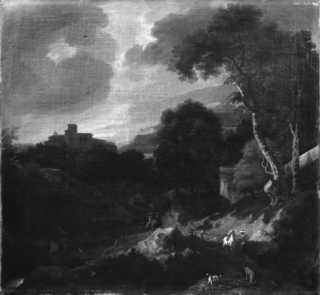 Mountain landscape with a monastery, Abraham Genoels, between 1655 and 1723