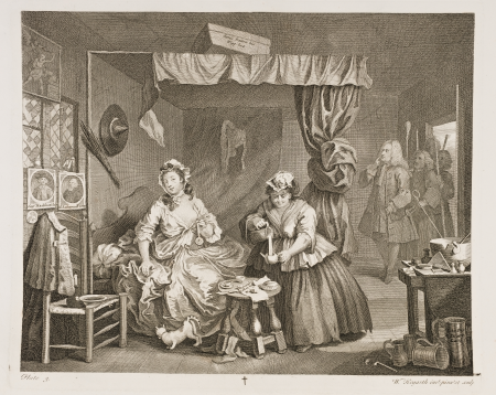 A Harlot's Progress, plate 3. Moll, in debt, is prosecuted by Sir John Gonson, a whore-hunter of the period., William Hogarth