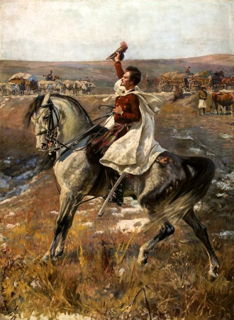 Portrait of Petőfi on horseback with a line of carts in the background, Jan Styka, circa 1897
