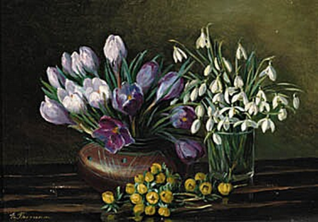 Still life with crocuses, snowdrops and eranthis., Emmy Thornam, between 1870 and 1935