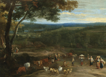 An Extensive Landscape with Figures on high Ground passing a Herdsman grazing his Cattle and Sheep, Lucas Achtschellinck, 1680