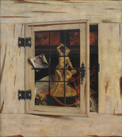 Trompe l'Oeil. An Open Cabinet of Curiosities with a Hercules Group, Cornelis Norbertus Gijsbrechts, 1670