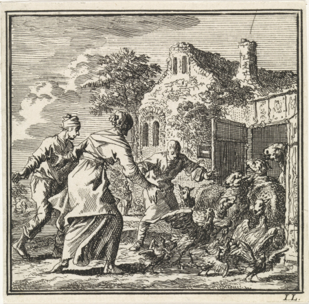 Drie figuren jagen schapen en pluimvee hun stal in Het Vee, RP-P-OB-45.570, Jan Luyken, 1711