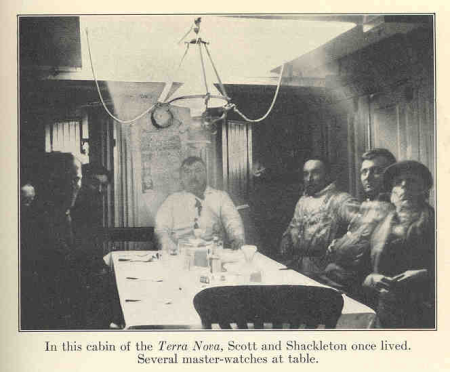 FMIB 35580 In this cabin of the Terra Nova, Scott and Shackleton once lived Several master-watches at table, 1924